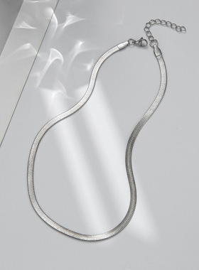 欧美简约个性钛钢项链女 ins蛇骨链素链钢色宽扁短款锁骨链潮项饰