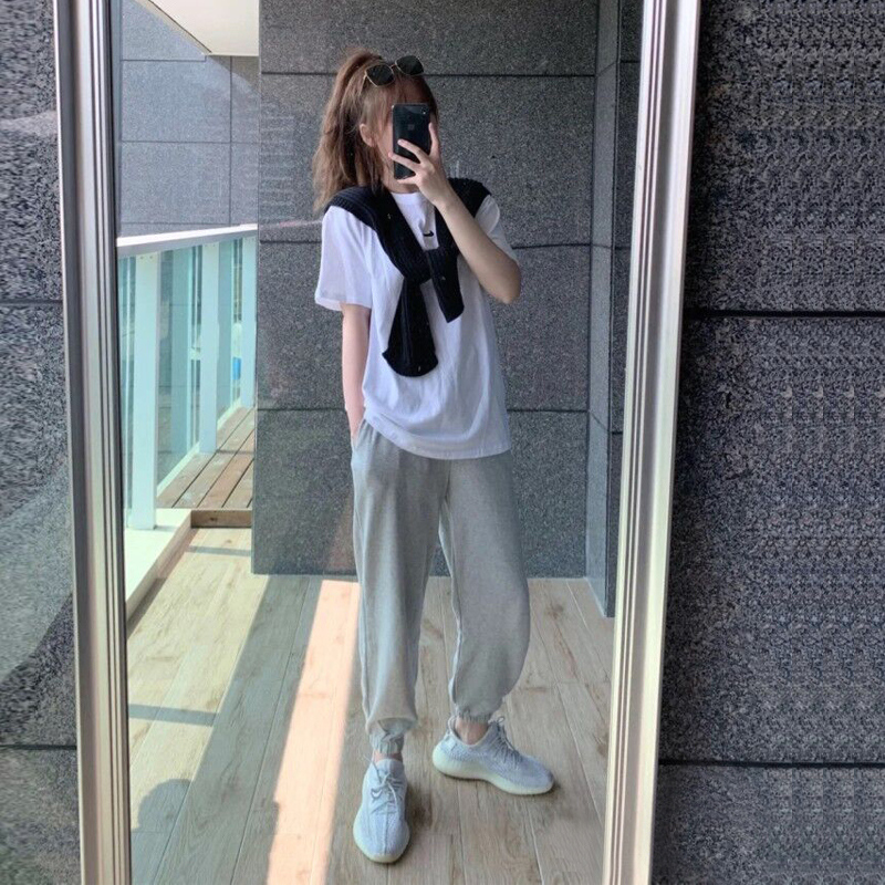 善狼恒美旗舰店灰色运动裤女宽松显瘦高腰百搭休闲裤小个子秋季ins潮束脚裤0