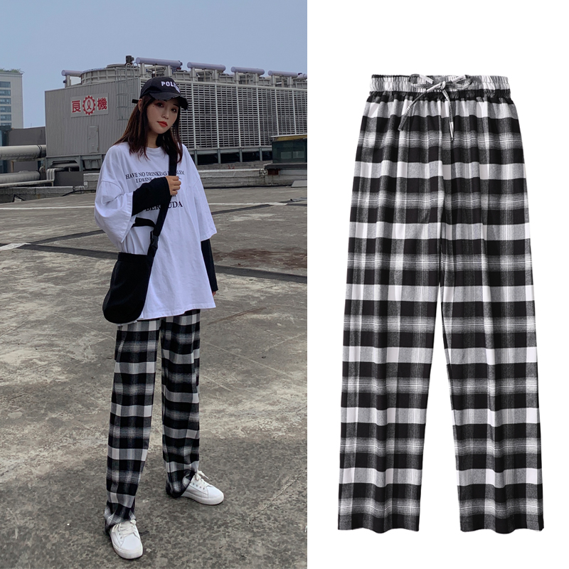 善狼恒美旗舰店黑白格子裤女直筒垂感高腰夏季薄款宽松显瘦韩版休闲复古阔腿裤子0