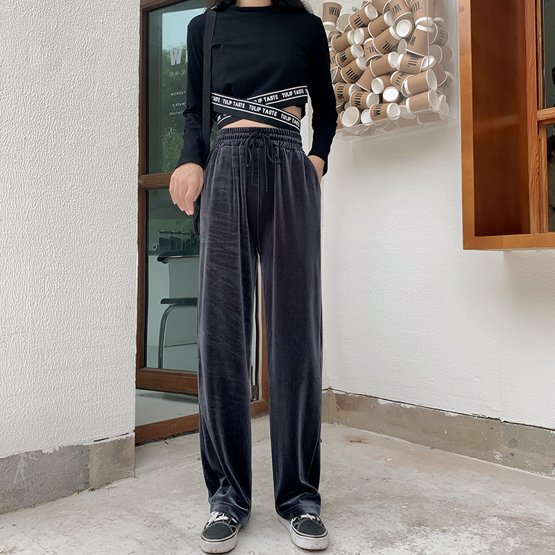 善狼恒美旗舰店金丝绒阔腿裤女秋冬季高腰垂感宽松坠感显瘦百搭休闲裤拖地直筒裤1