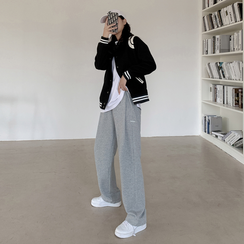 善狼恒美旗舰店灰色运动裤女宽松直筒秋季高腰垂感显瘦阔腿休闲卫裤ins潮束脚裤1