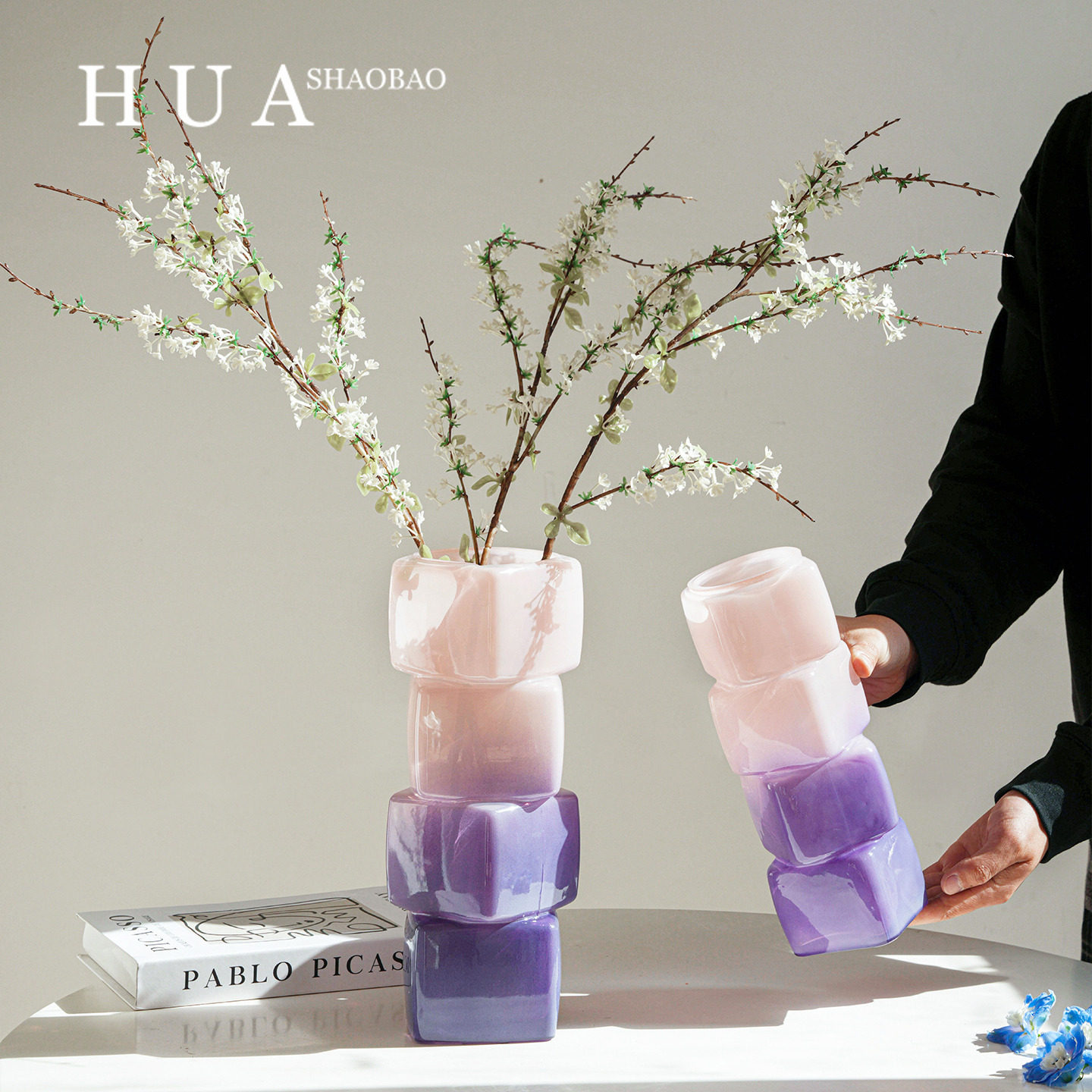 渐变中古风蓝色几何方块花瓶餐桌软装酒店电视柜台面装饰玻璃摆件,淘宝优惠券,粉丝福利购,淘宝优惠卷