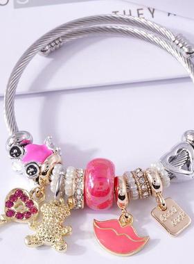 厂家直销欧美手饰可调节DIY串珠不锈钢爱心小熊钛钢手镯手链定做