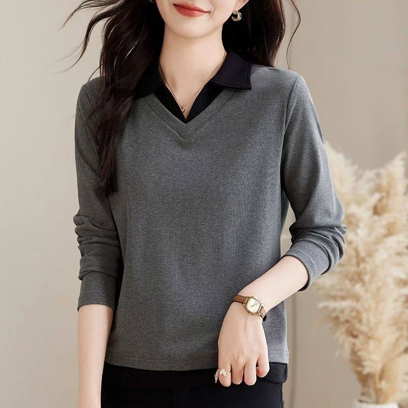 春秋大码polo假两件长袖t恤女新款翻领显瘦中年妈妈洋气减龄上衣,淘宝优惠券,粉丝福利购,淘宝优惠卷