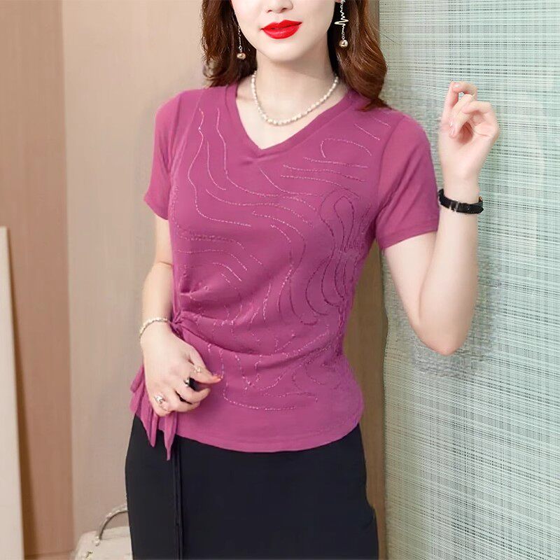 2025女士短袖V领T恤衫夏季中年妈妈烫钻洋气宽松大码显瘦减龄小衫,淘宝优惠券,粉丝福利购,淘宝优惠卷