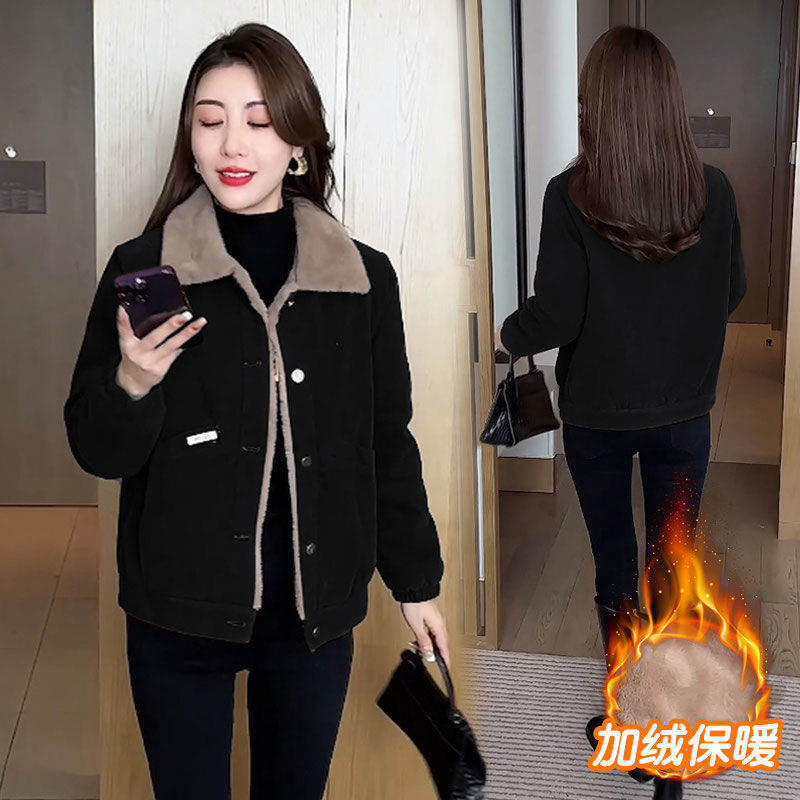 灯芯绒外套女冬季加绒保暖加厚百搭大码减龄宽松显瘦遮肚子妈妈装,淘宝优惠券,粉丝福利购,淘宝优惠卷