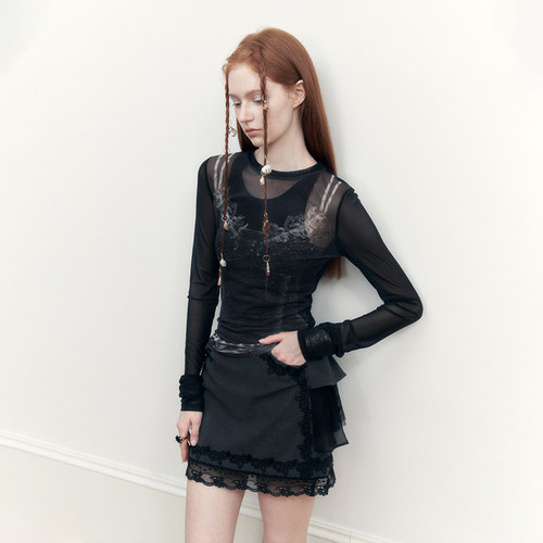 创世纪元【珠蕾丝影】原创修身白色长袖t恤夏季防晒罩衫薄纱上衣 - 图3