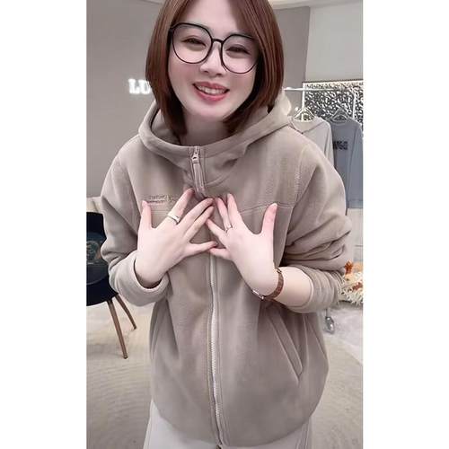 冬季新款双面绒保暖舒适休闲百搭加绒加厚连帽外套女防风开衫上衣 - 图2