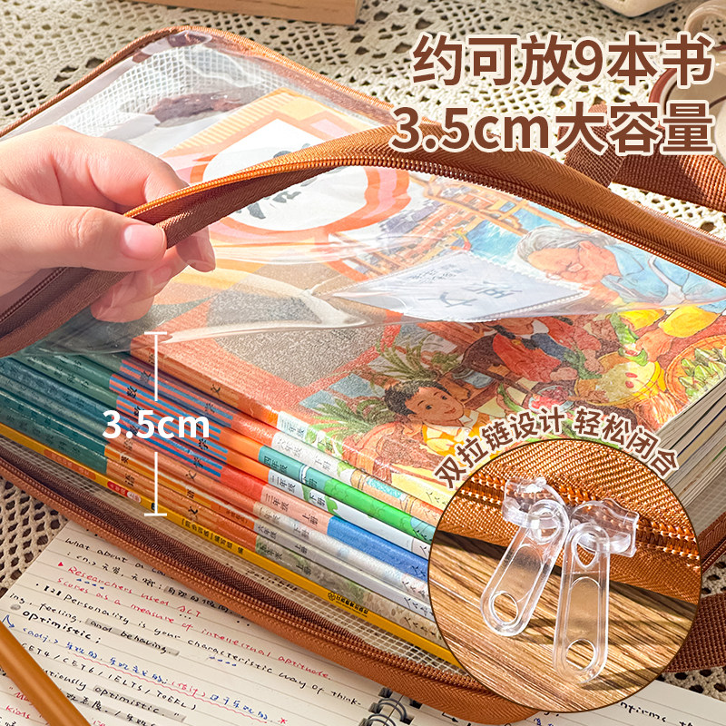 三年二班 科目分类袋防水A4透明文件袋大容量拉链式科目袋高颜值复古色学生专用手提拎书袋开学补习袋考试袋,淘宝优惠券,粉丝福利购,淘宝优惠卷