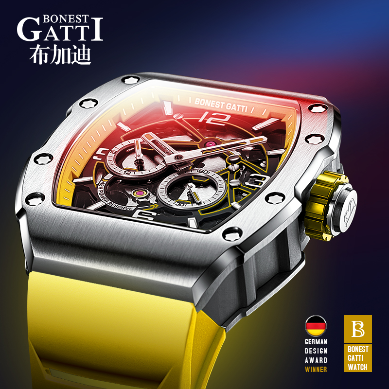 德国布加迪男士手表全自动机械表名正品牌酒桶型运动镂空腕表十大 - 图1