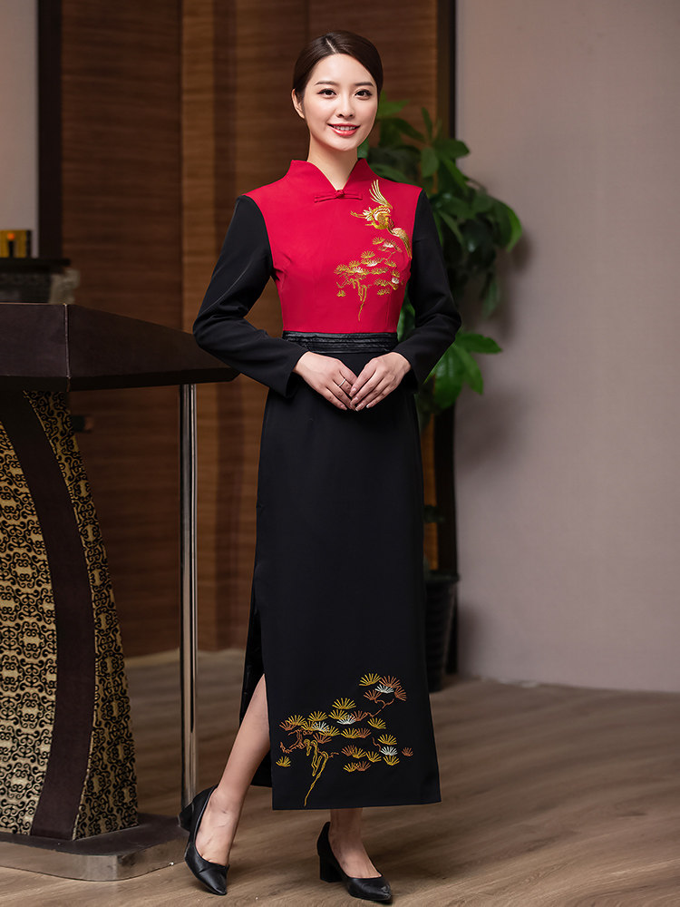 polo衫定制工作服t恤高端中式服务员旗袍迎宾女秋冬长袖餐饮茶楼