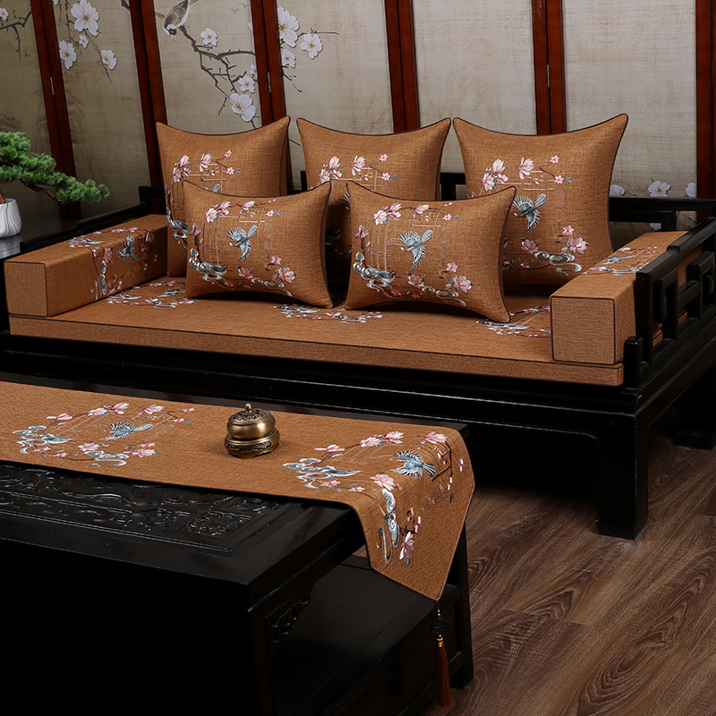 红木沙发坐垫套中式可拆洗实木沙发垫高密度海绵垫棉麻防滑五件套