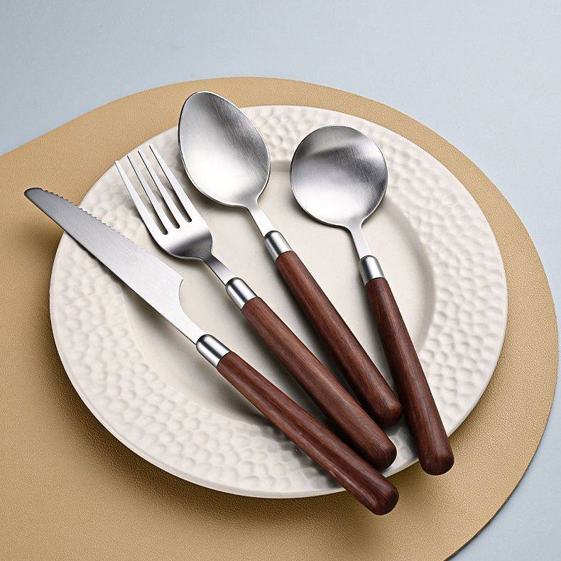 新款食品304不锈钢精致勺子胡桃木纹手柄日式高颜值刀叉勺四件套,淘宝优惠券,粉丝福利购,淘宝优惠卷