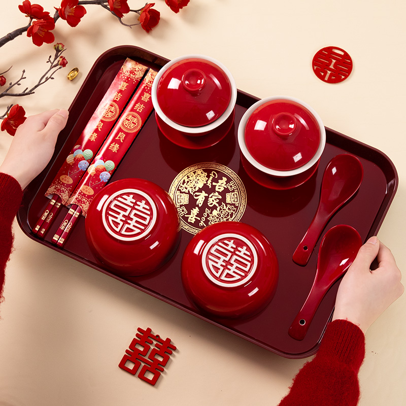 托盘结婚用的喜盘子红色喜庆敬酒敬茶盘子果盘喜糖盘婚礼用品大全 - 图3