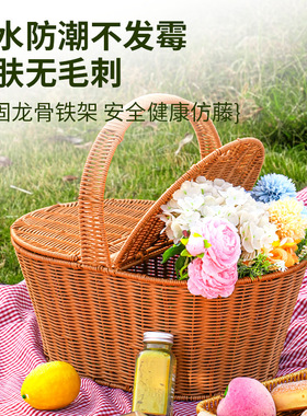复古手提篮户外野餐篮子翻盖藤编