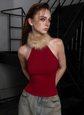 Christmas sleeveless top美式红色拼接毛毛圆领针织背心圣诞上衣