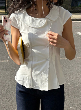 French retro cardigan top 法式复古娃娃领开衫上衣女白色短袖夏