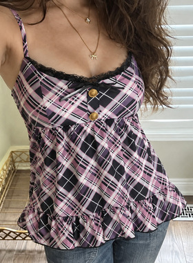 Sexy women's outf 甜美风格子A摆吊带背心女宽松荷叶边百搭上衣