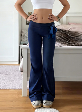 Women's Blue Casual Pants 侧边绑带蓝色休闲裤微喇低腰长裤女