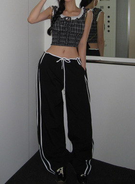 Casual straight leg pants for women 松紧腰黑色运动直筒长裤女