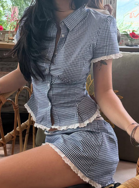 Plaid lace V-neck shirt格纹花边V领衬衫蓝色辣妹收腰开衫上衣女