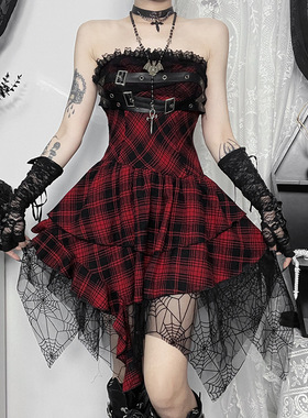 Halloween red checkered dress 万圣节女装红色格子抹胸连衣裙