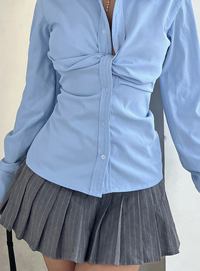 V-neck twisted blue shirt翻边V领扭结褶皱修身蓝色长袖衬衫女秋