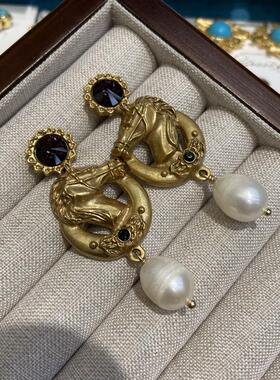 中古vintage复古高级感马头耳坠时尚设计紫色锆石珍珠耳饰饰品