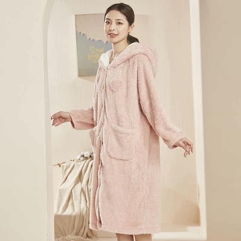 林卡双面北极绒女款净色剪心睡袍 林卡内衣睡衣/家居服套装