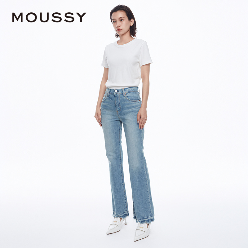 MOUSSY 春季新品休闲通勤风磨损毛边直筒牛仔裤028HSA12-1231 - 图1
