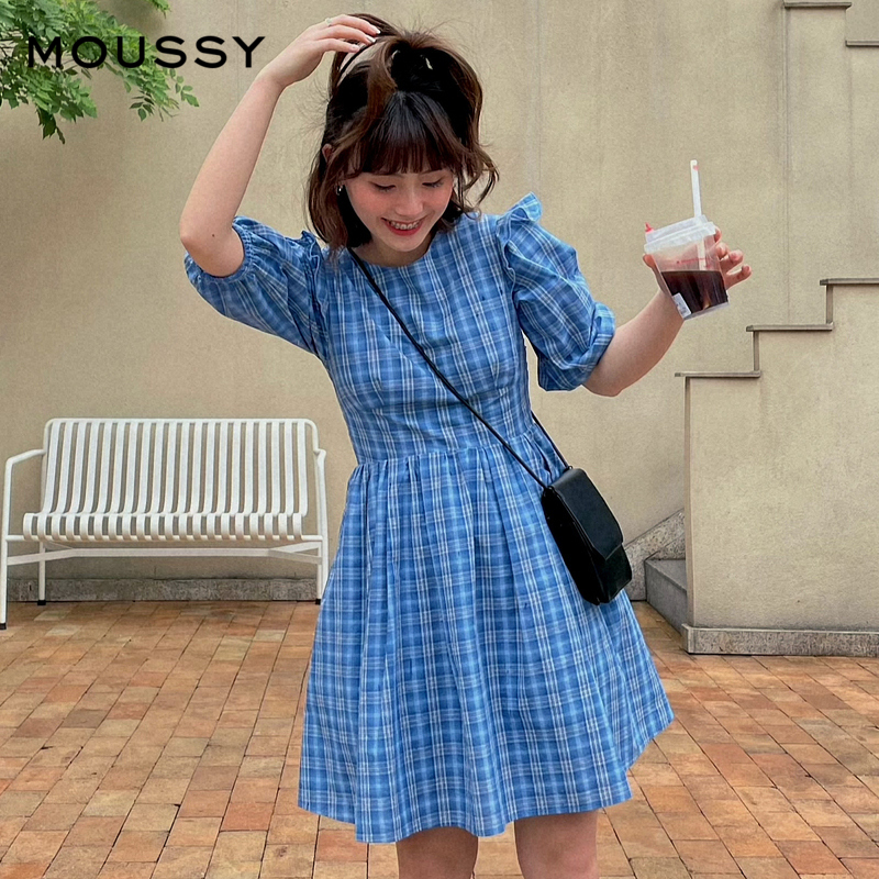 【明星同款】moussy奥莱  格纹松紧系带连衣裙女028FSZ30-0390 - 图0