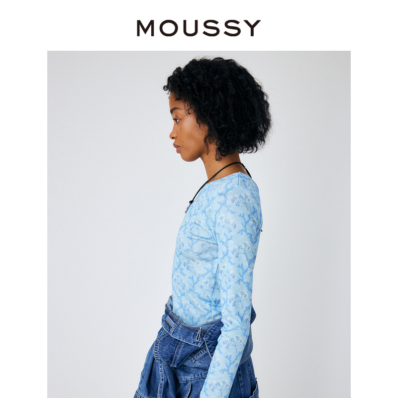 MOUSSY 冬季新品复古花纹图案修身短款针织衫女010GSS80-0840 - 图1