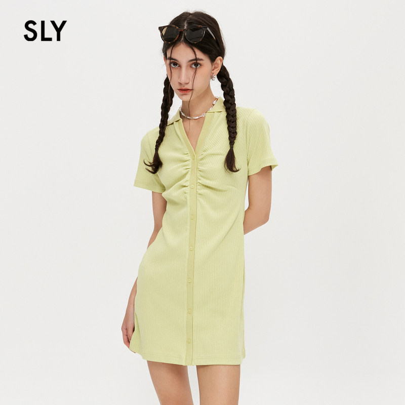 SLY 夏季新品薄荷曼波风螺纹抽褶基础短款连衣裙女030GSL83-4440,淘宝优惠券,粉丝福利购,淘宝优惠卷
