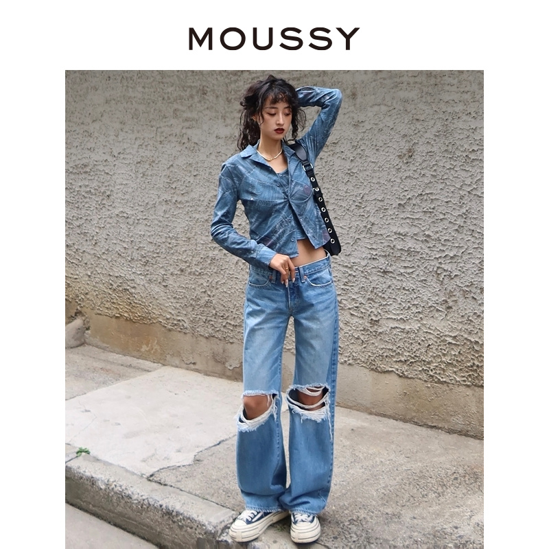 MOUSSY 2023春夏新品Y2K风复古牛仔印花长袖衬衫女028GSZ90-0210 - 图2