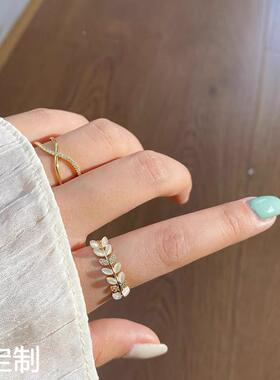 S925银镀14k金戒指法式镶钻风指环 小众设计简约百搭开口戒女