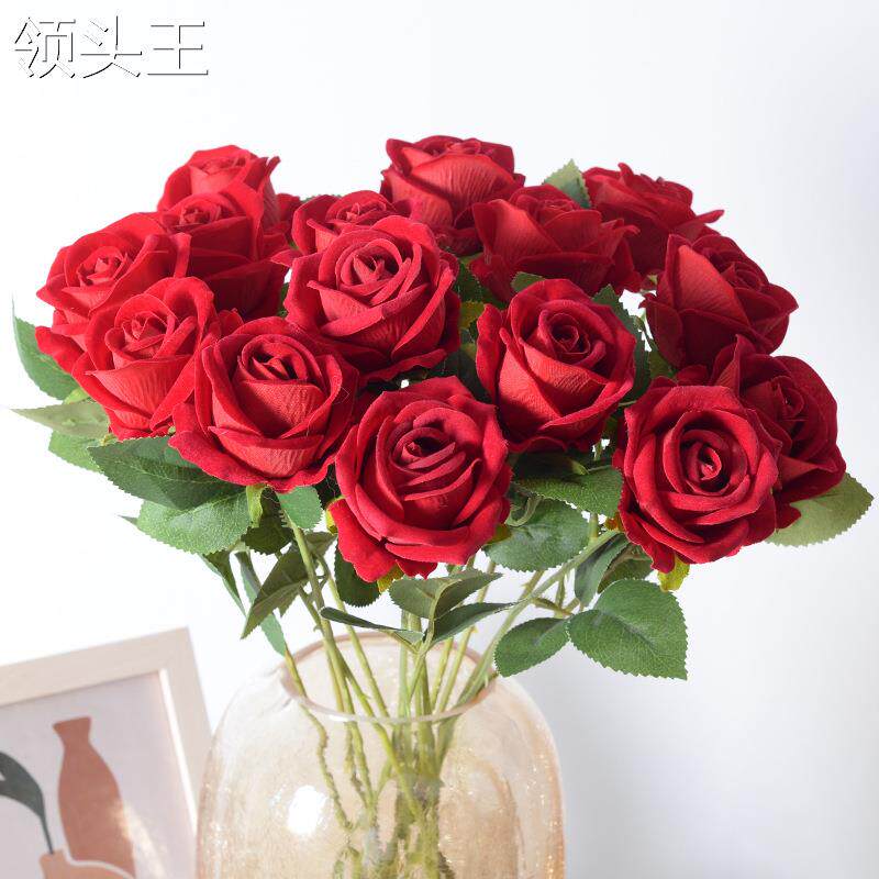 仿真玫瑰花单支 情人节家居婚礼装饰仿真花假花人造手感绒布玫瑰
