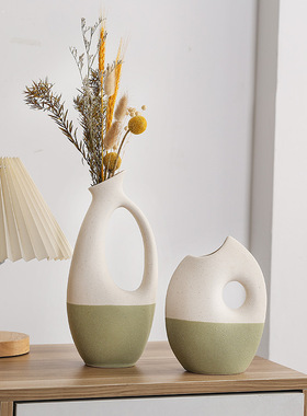 玛卡色斜口陶瓷磨砂花瓶鱼口创意花器简约客厅装饰家居摆件定制