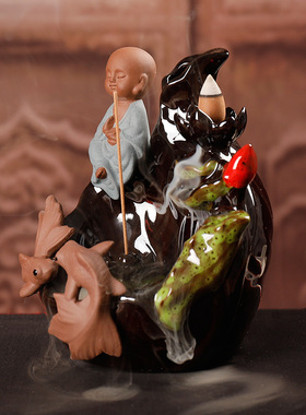 静尘 陶瓷小和尚檀香烟倒流香炉 创意莲花观赏倒流香家居摆件定制