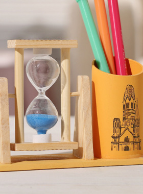 沙漏学生创意桌面摆件带笔筒 文具笔插礼品刷牙泡茶计时器 旋转其