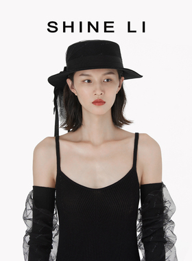 李姗网纱女秋冬蝴蝶结黑色平顶帽