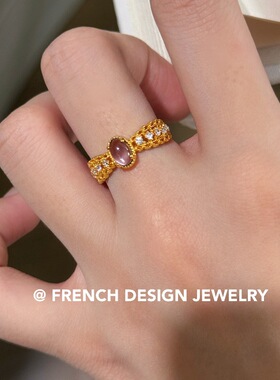 超美法式轻奢复古高级感小众精致S925纯银紫锆石镂空蕾丝戒指开口