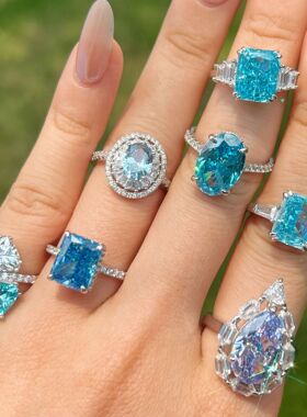 海蓝宝色S925纯银女戒指高碳钻蓝宝石ins锆石鸽子蛋仿托帕石戒指