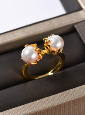 BV铜镀18k真金尖头镶座镶嵌珍珠指环小众设计潮流轻奢个性戒指