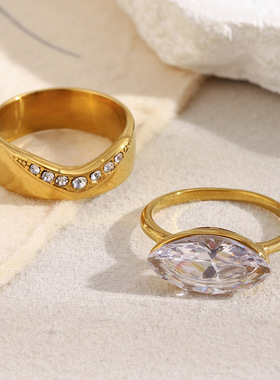 欧美时尚简约个性创意手饰不锈钢镀18K金彩色圆环锆石戒指女小众