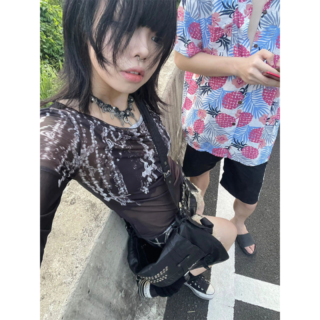 Dark punk hottie mesh ເສື້ອຍືດແຂນຍາວ niche ສໍາລັບແມ່ຍິງ