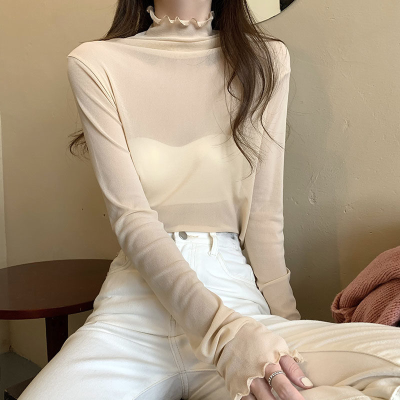 木耳边半高堆堆领薄款透视网纱长袖T恤女2021早秋新款打底衫上衣,淘宝优惠券,粉丝福利购,淘宝优惠卷