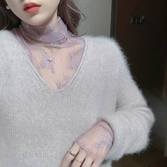 早秋气质女装设计感上衣蕾丝打底衫女内搭洋气半高领网纱雪纺小衫