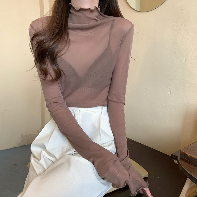 木耳边半高堆堆领薄款透视网纱长袖T恤女2021早秋新款打底衫上衣,淘宝优惠券,粉丝福利购,淘宝优惠卷