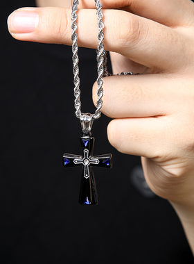 蓝宝石十字架不锈钢项链原创小众