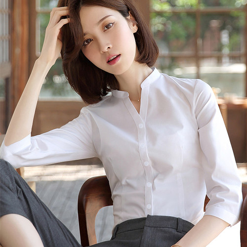 v领白衬衫女职业正装夏季七分袖通勤修身立领衬衣大码4S店工作服 - 图3